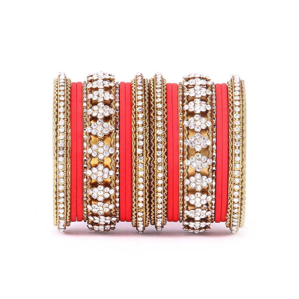 Stylish Matte Finish And Running Stone Pattern Bangle Set Red All Bangle Sets T4 Jewels