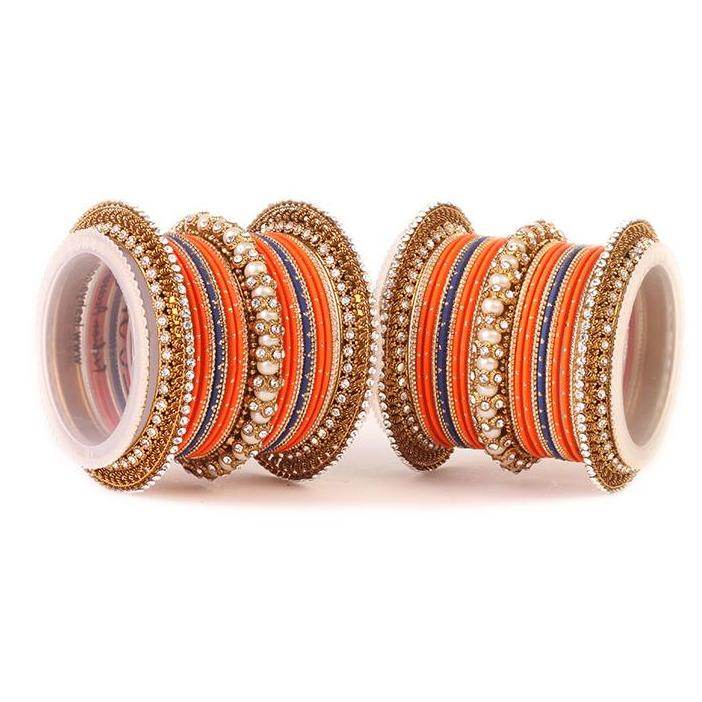 Set of 2 Traditional Multi-Colored Pearl Chakri Bangle Set Orange-Blue All Bangle Sets T4 Jewels