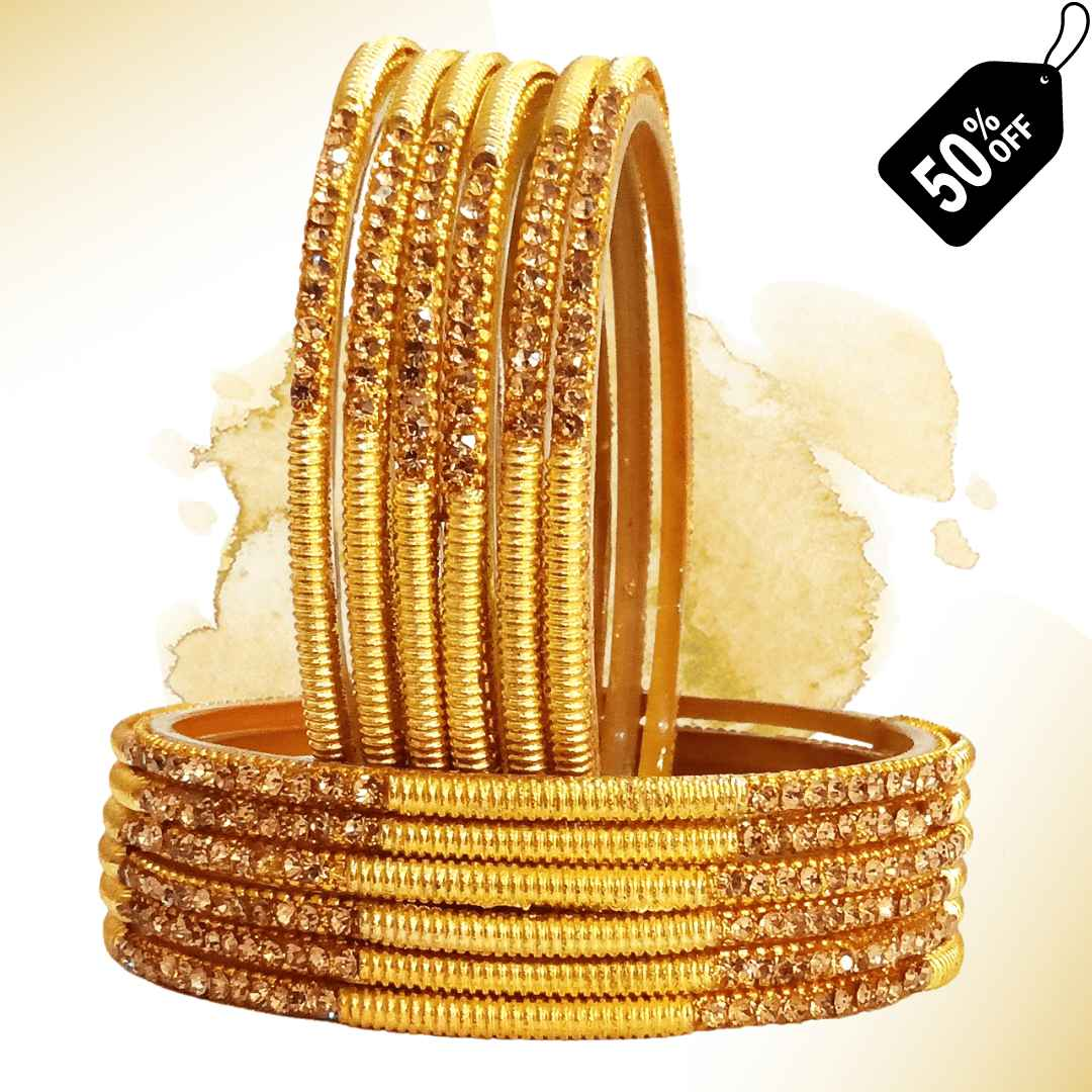 T4 Jewels (Large Size) Golden Color Glass Bangles (Pack Of 12)-DMR Large Size Bangles T4 Jewels