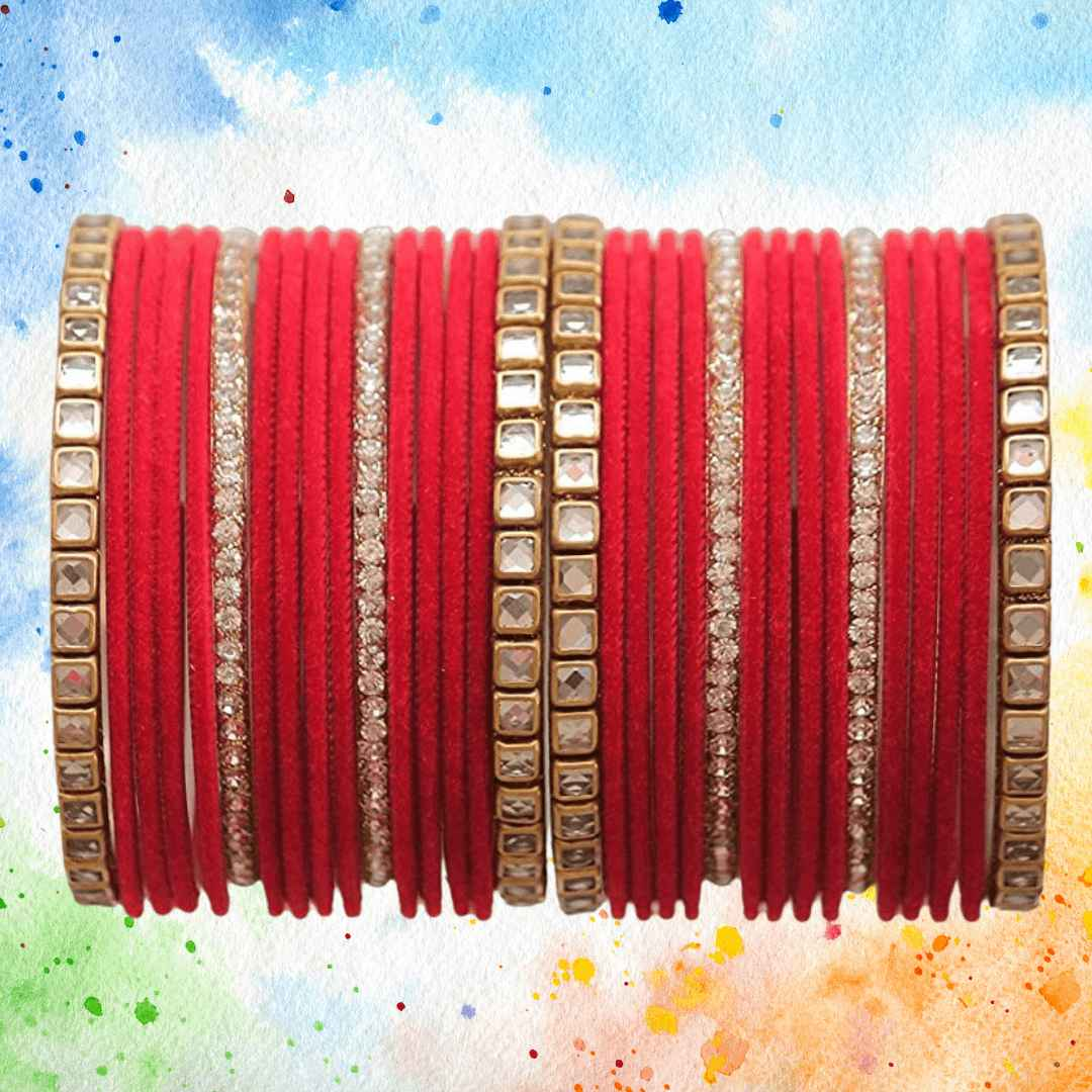 T4 Jewels 18k Gold Plated Zircon Stones And Beads Studded Fashion Jewellery Metal Bangles Set - 68NO Red All Bangle Sets T4 Jewels