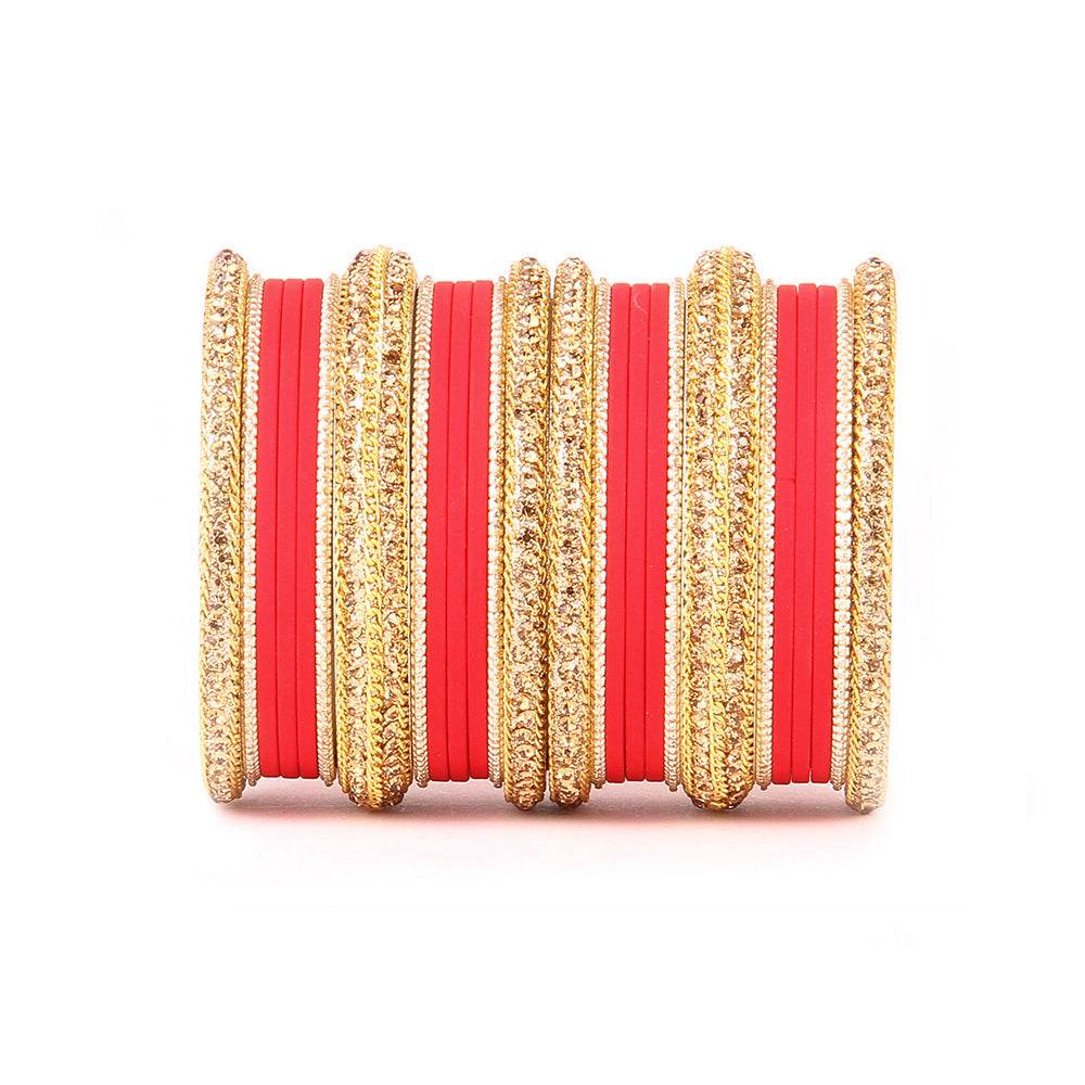 Golden Bracelet And Matte Finish Bangle Set For Women Red All Bangle Sets T4 Jewels
