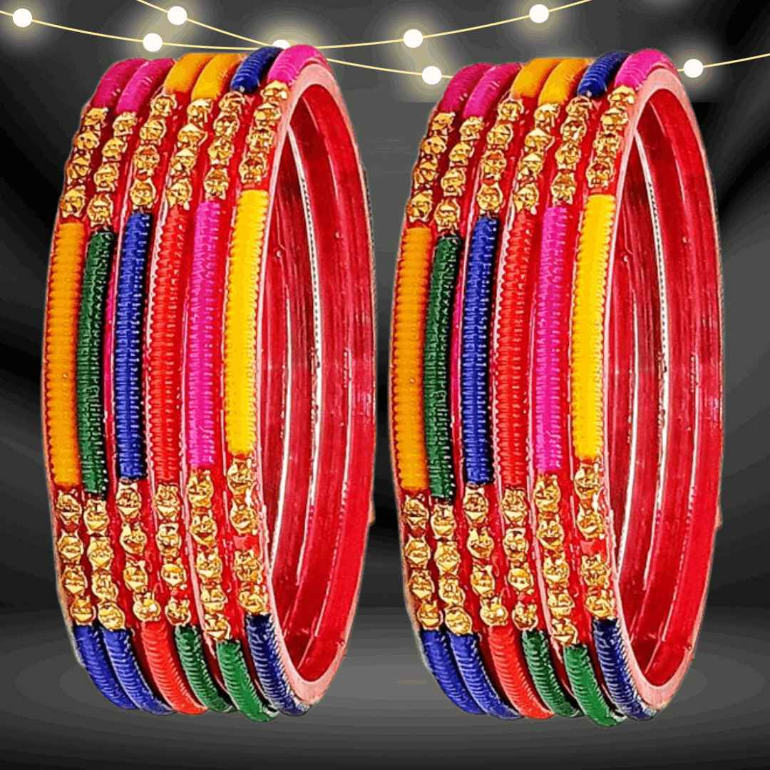 T4 Jewels (Large Size) Golden & Multicolor Glass Bangles (Pack Of 12)-RT T4 Jewels