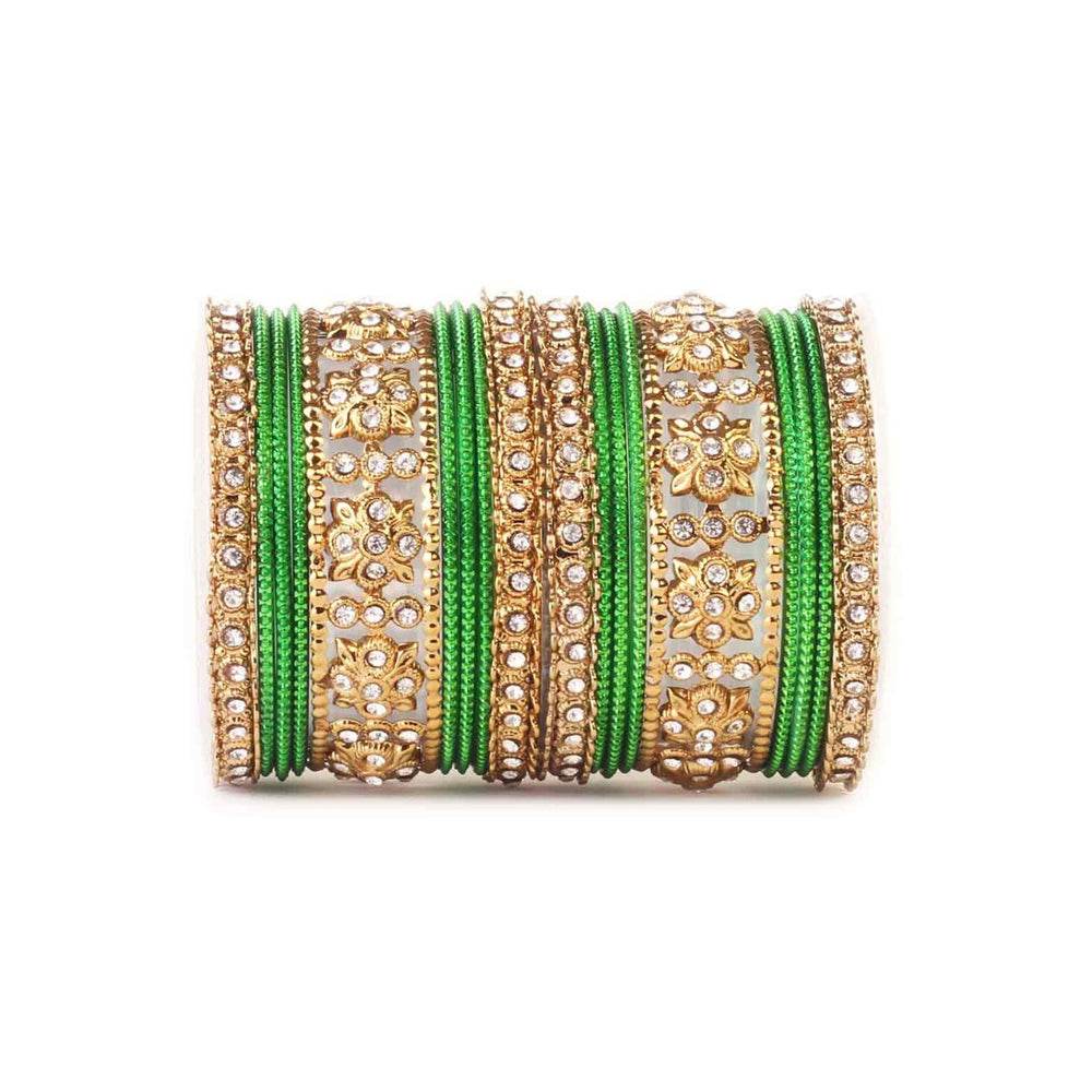 Traditional Colored Flower Pattern Bangle Set Green All Bangle Sets T4 Jewels