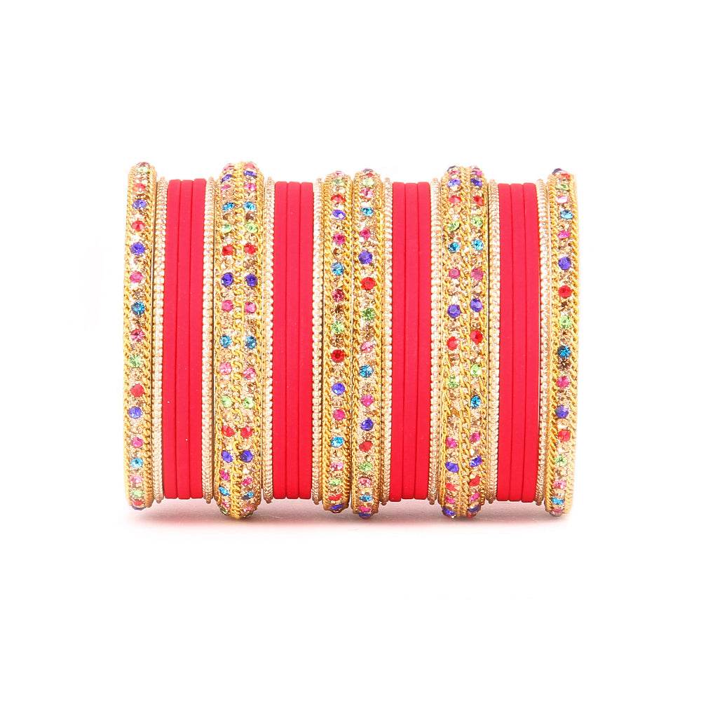 Golden Kada With Multi-Colored Stones And Matte Finish Bangle Set For Women Red All Bangle Sets T4 Jewels