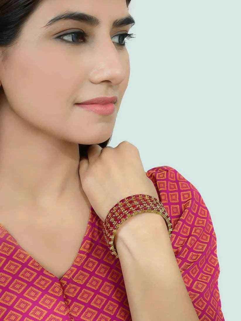 Set Of Four Gold Plated Red American Diamond Handmade Ethnic bangle for women (AD-0020) AD Bangles T4 Jewels