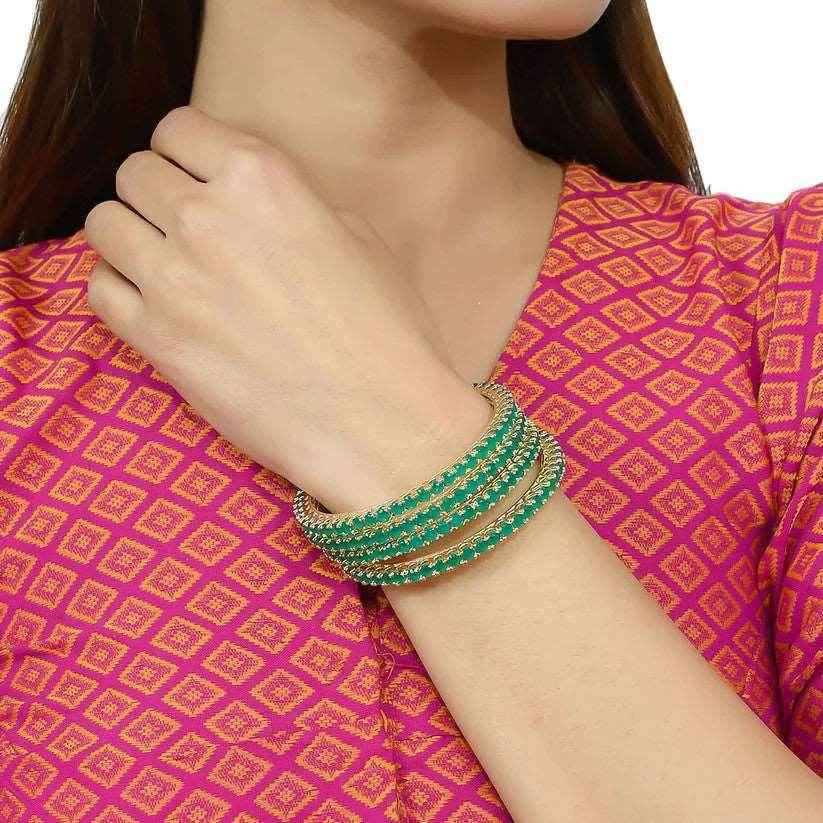 Set Of Four Gold Plated Green American Diamond Handmade Traditional bangle for women (AD-0022) AD Bangles T4 Jewels