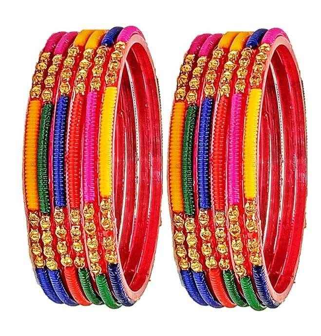 T4 Jewels (Large Size) Golden & Multicolor Glass Bangles (Pack Of 12)-RT Multicolor T4 Jewels