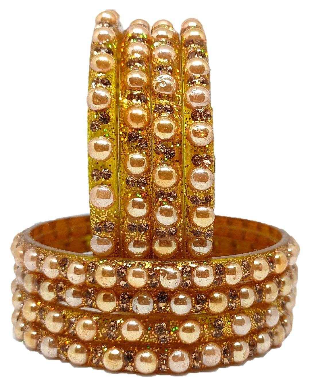 T4 Jewels (Large Size) Golden Color Glass Kada Bangles (Pack Of 8)-DLHN Large Size Bangles T4 Jewels