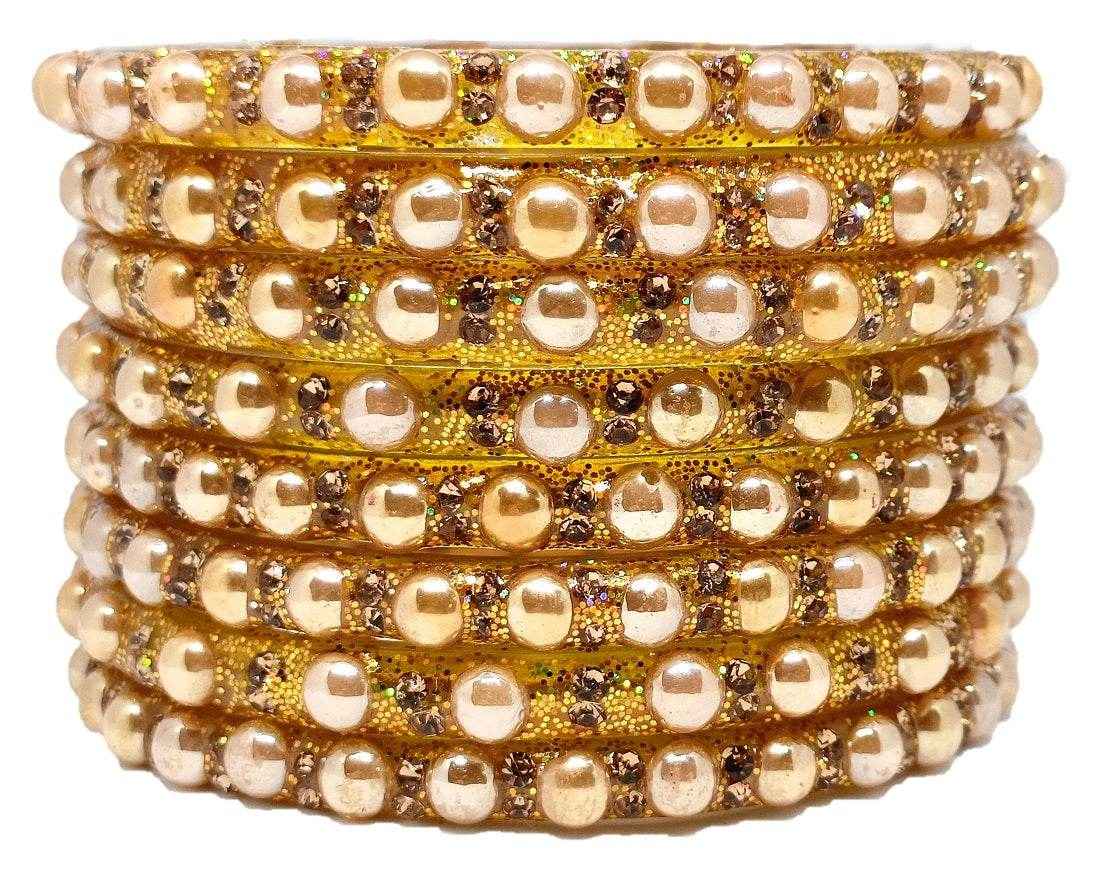 T4 Jewels (Large Size) Golden Color Glass Kada Bangles (Pack Of 8)-DLHN Large Size Bangles T4 Jewels