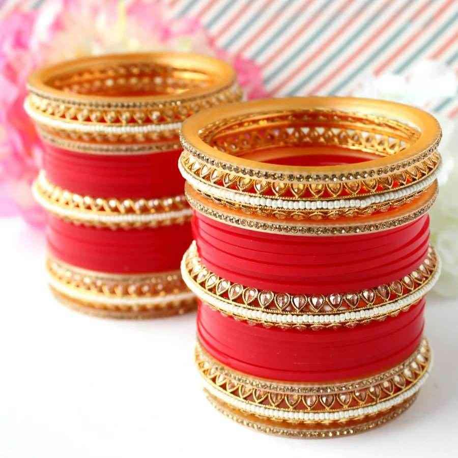 T4 Jewels Red Color Bridal Chuda With White Golden Kada Bangles -Available In All Sizes (CH25Z) Bridal Chuda T4 Jewels