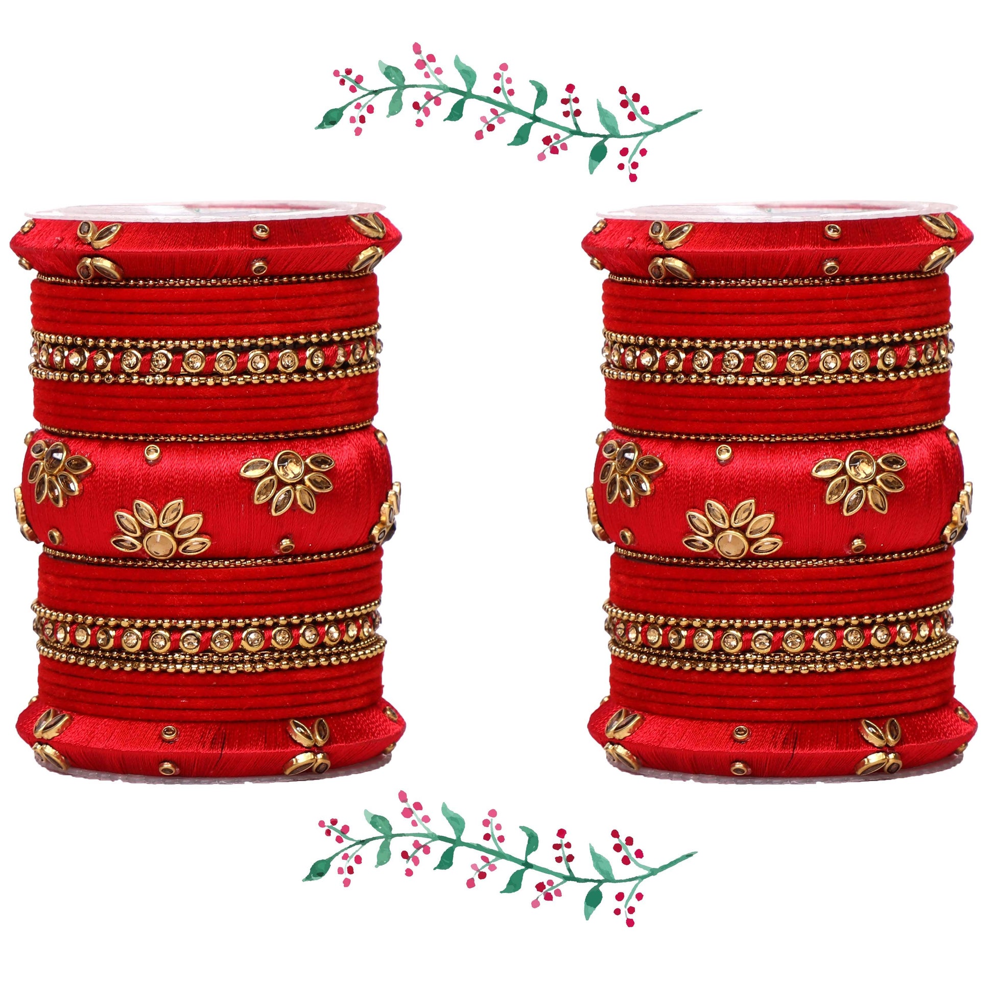 Traditional Velvet Bangle set with Thread Kada for Two Hands T4 Jewels Red All Bangle Sets T4 Jewels