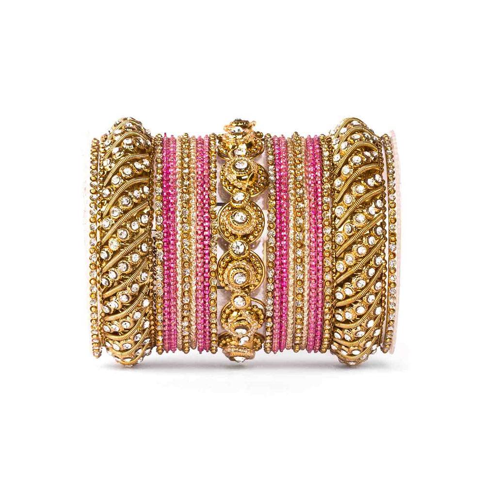 Traditional Colored Textured Bangle Set For Single Hand Golden-Fuschia All Bangle Sets T4 Jewels