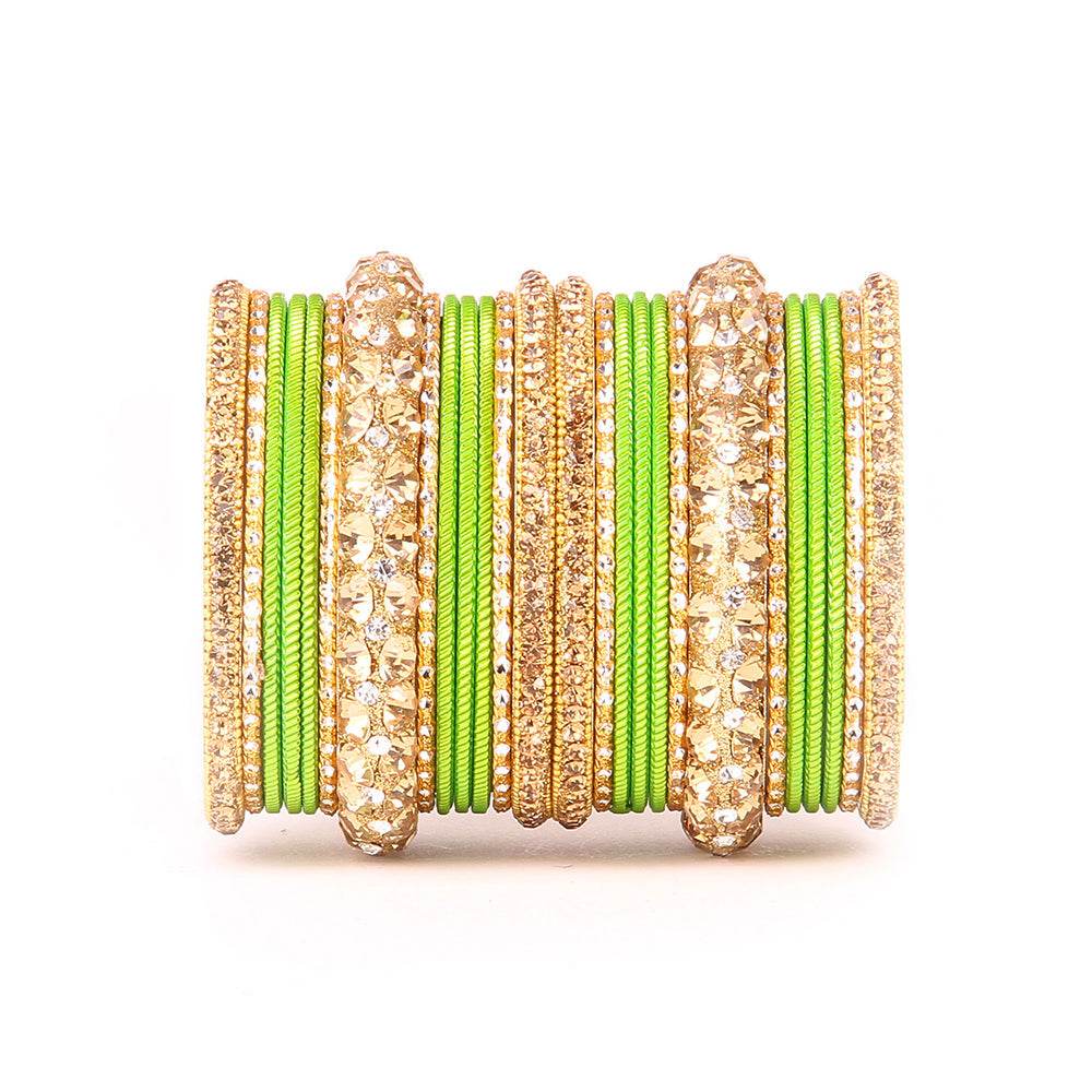 Traditional Shining Bangle Set For Women With Lac And Golden Stone 2.4in-Small Parrot Green All Bangle Sets T4 Jewels