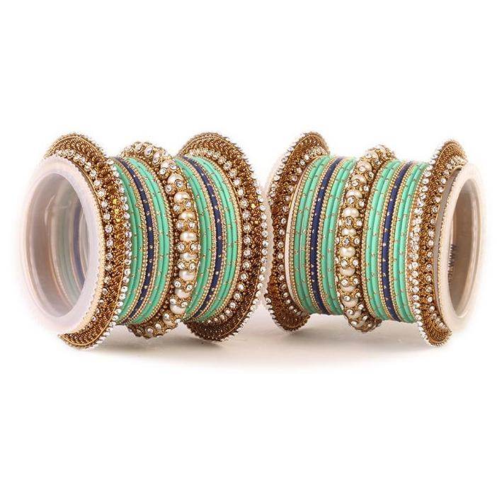Set of 2 Traditional Multi-Colored Pearl Chakri Bangle Set Pista-Blue All Bangle Sets T4 Jewels