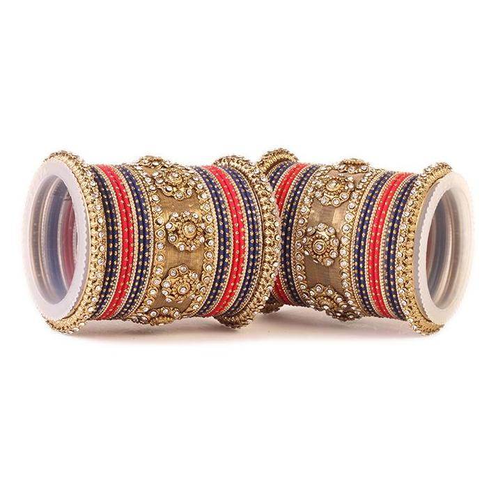 Set of 2 Traditional Jaali Work Multi-Colored Bangle Set Red-Blue All Bangle Sets T4 Jewels
