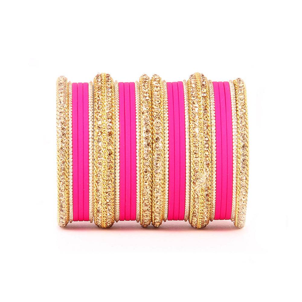 Golden Bracelet And Matte Finish Bangle Set For Women Pink All Bangle Sets T4 Jewels