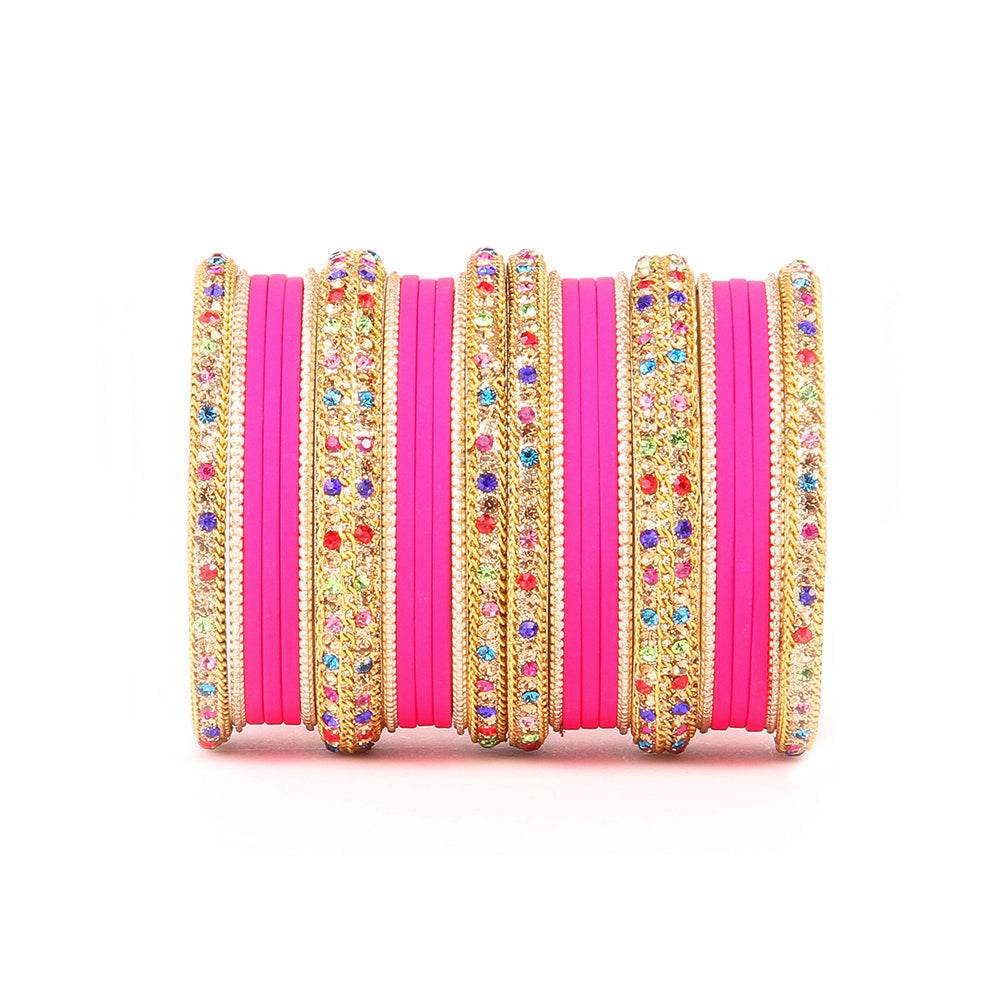 Golden Kada With Multi-Colored Stones And Matte Finish Bangle Set For Women Pink All Bangle Sets T4 Jewels