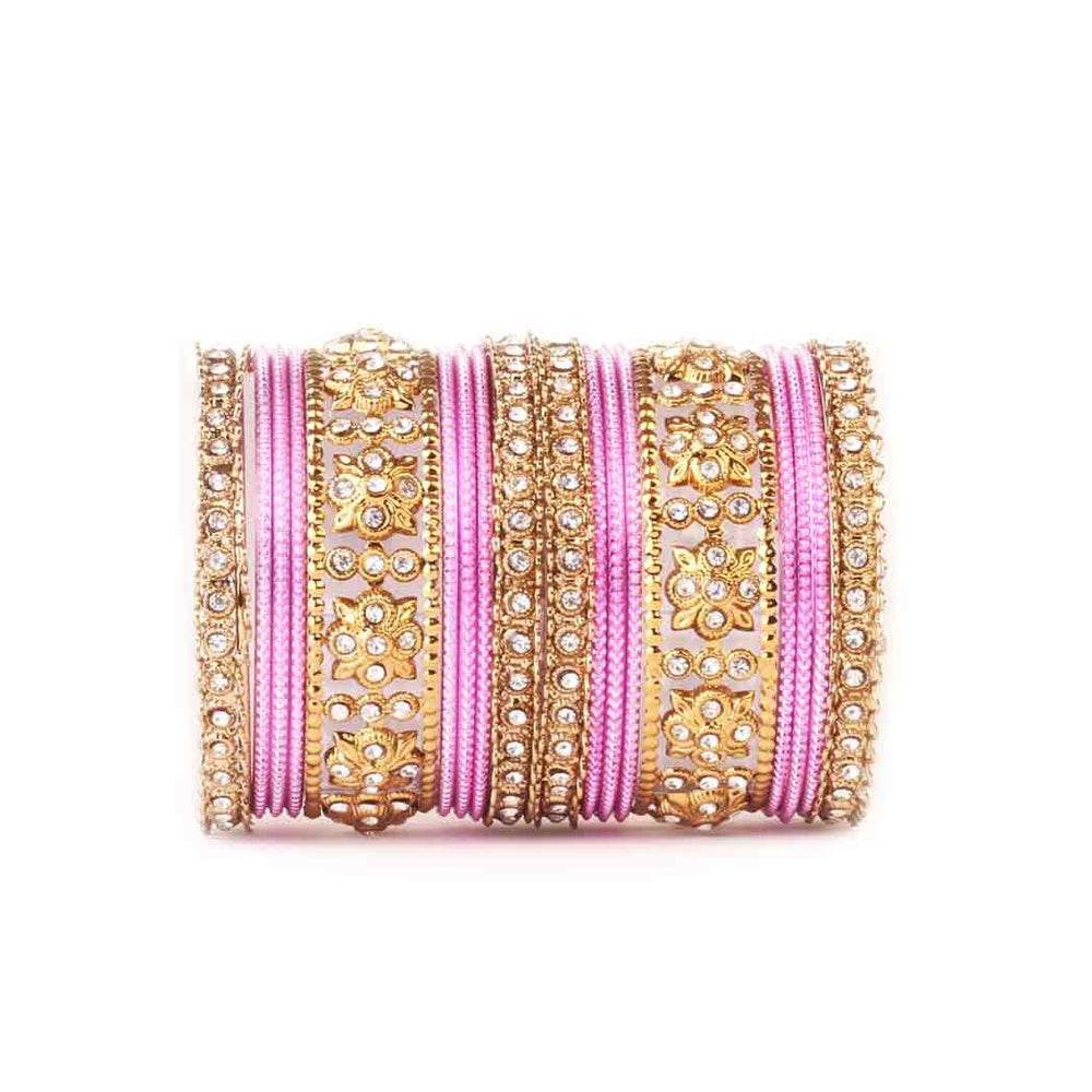 Traditional Colored Flower Pattern Bangle Set Pink All Bangle Sets T4 Jewels