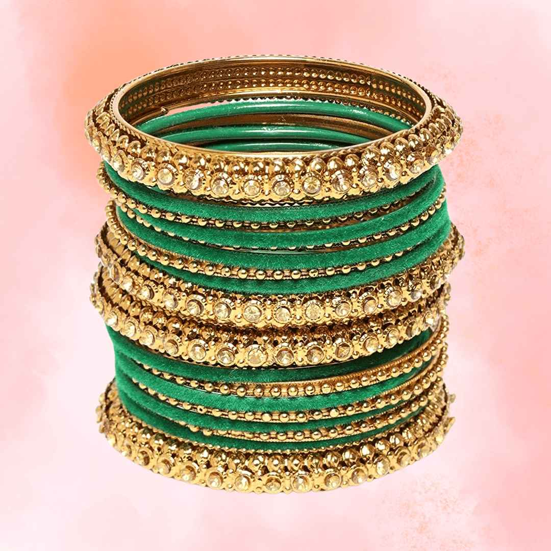 T4 Jewels Golden Color Velvet Bangle Set - JC2NO. Green All Bangle Sets T4 Jewels
