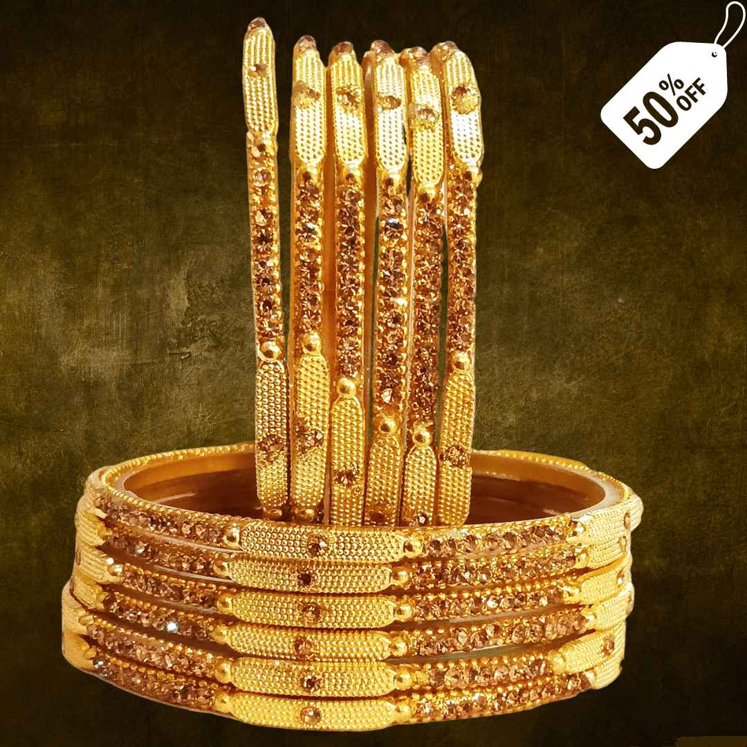 T4 Jewels (Large Size) Golden Color Glass Bangles (Pack Of 12)-STSNG Large Size Bangles T4 Jewels