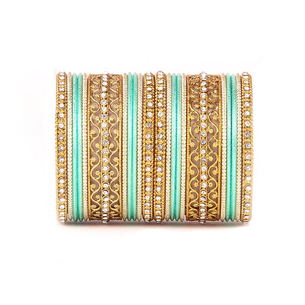 Intricate Bracelet With Running Stone Work And Shinning Bangle Set Pista All Bangle Sets T4 Jewels