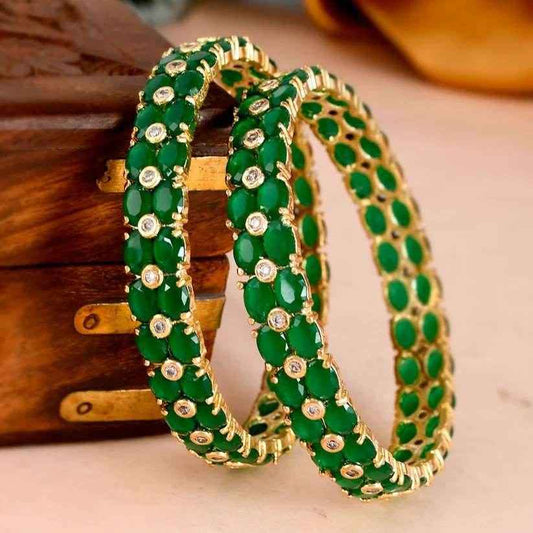 Set of 2 Gold Plated Green AD Stone Studded Handcrafted Bangles (AD-002) AD Bangles T4 Jewels