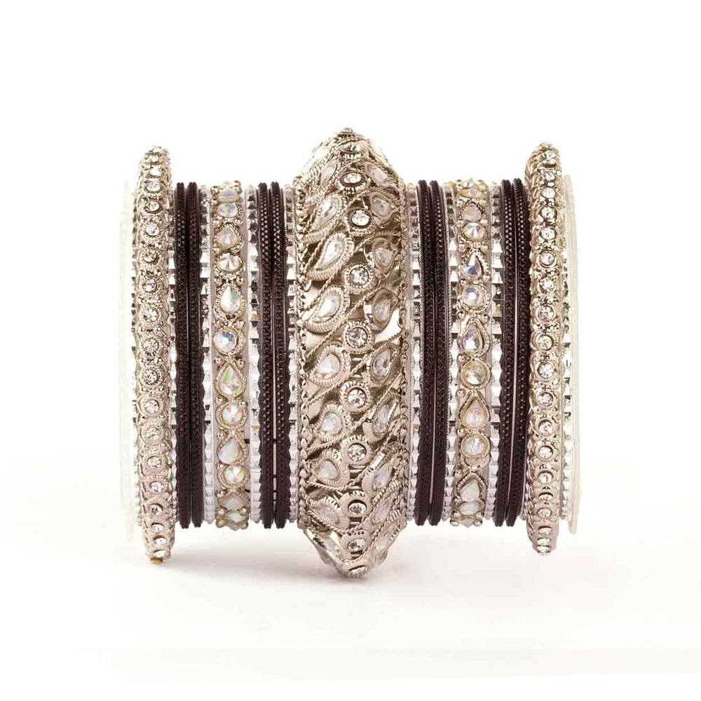 Traditional All Kundan Bangle Set For One Hand Black-Silver All Bangle Sets T4 Jewels