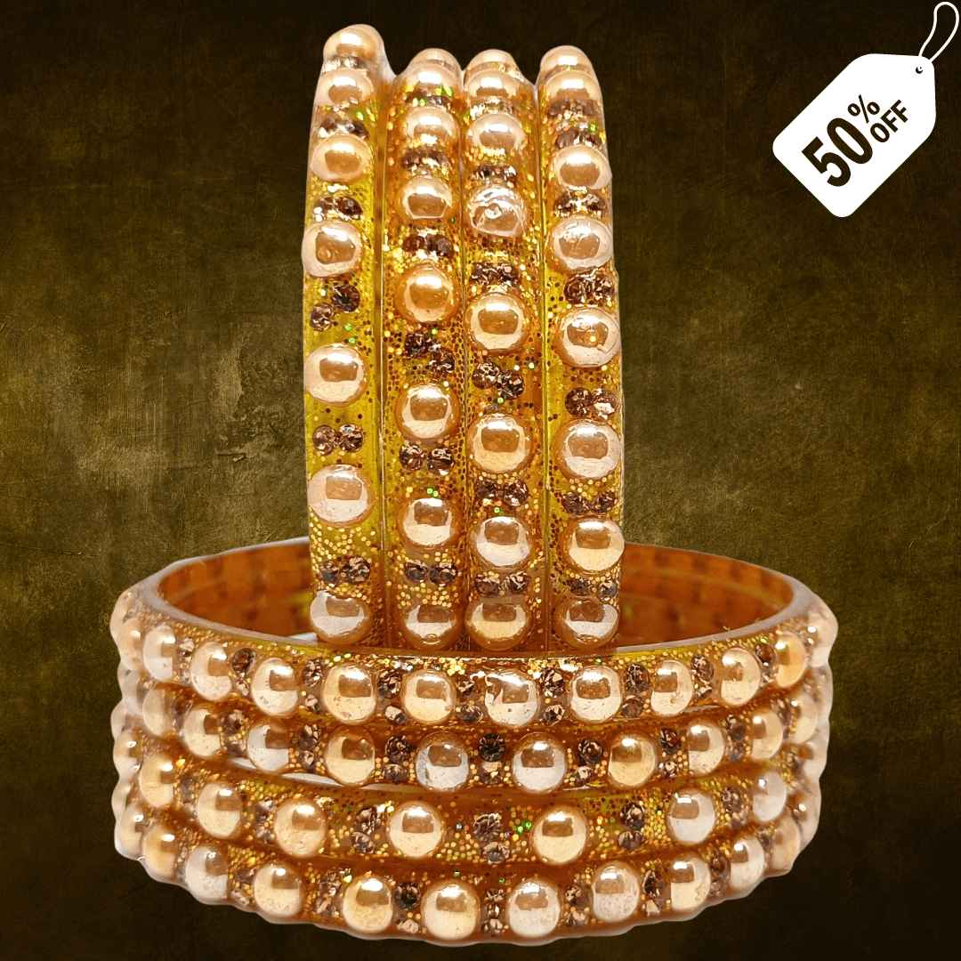 T4 Jewels (Large Size) Golden Color Glass Kada Bangles (Pack Of 8)-DLHN Large Size Bangles T4 Jewels
