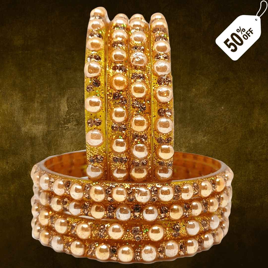 T4 Jewels (Large Size) Golden Color Glass Kada Bangles (Pack Of 8)-DLHN Large Size Bangles T4 Jewels