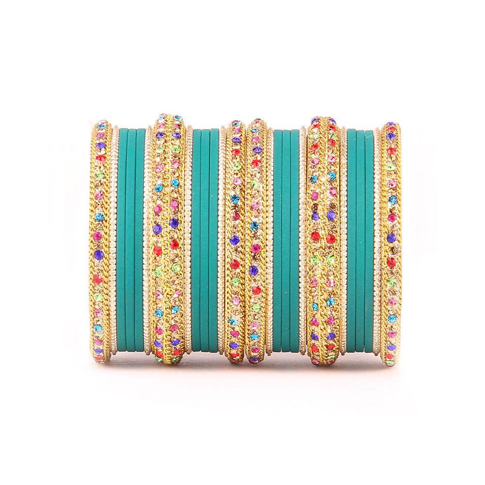 Golden Kada With Multi-Colored Stones And Matte Finish Bangle Set For Women Green All Bangle Sets T4 Jewels