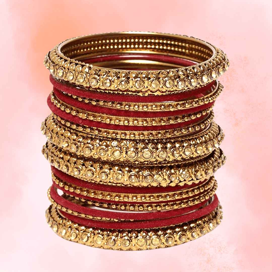 T4 Jewels Golden Color Velvet Bangle Set - JC2NO. Maroon All Bangle Sets T4 Jewels