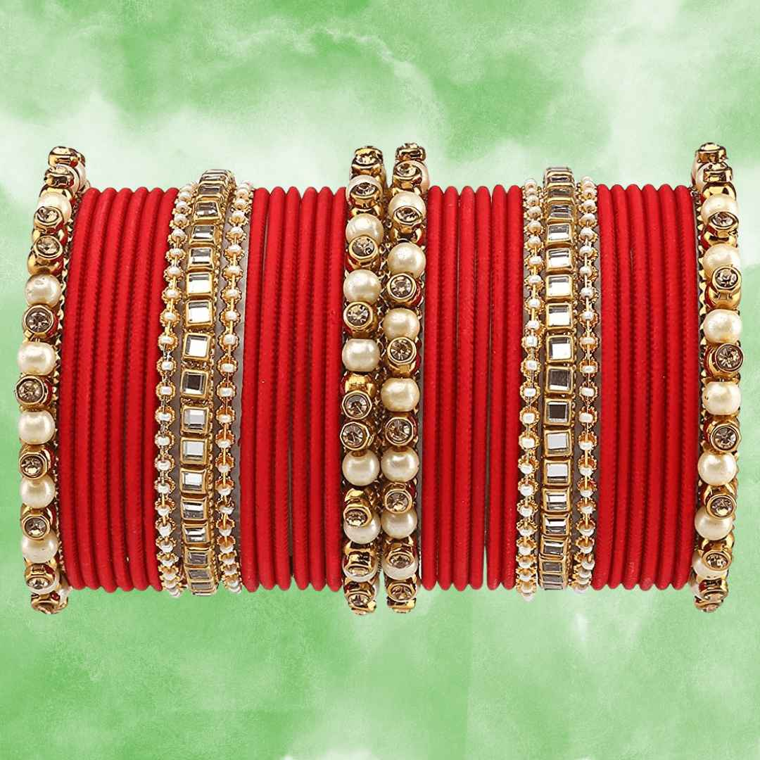 T4 Jewels Brass Metal Beads, Stones And Gemstones Studded Pearl & Glossy Finished Bangle Set- 63NO All Bangle Sets T4 Jewels