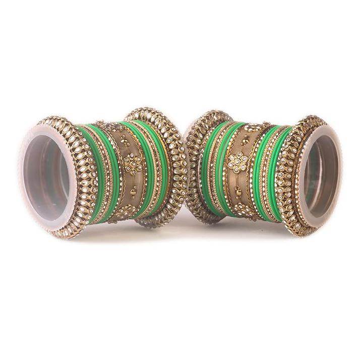 Set of 2 Traditional Matte Finish Kundan Bangle Set Green All Bangle Sets T4 Jewels