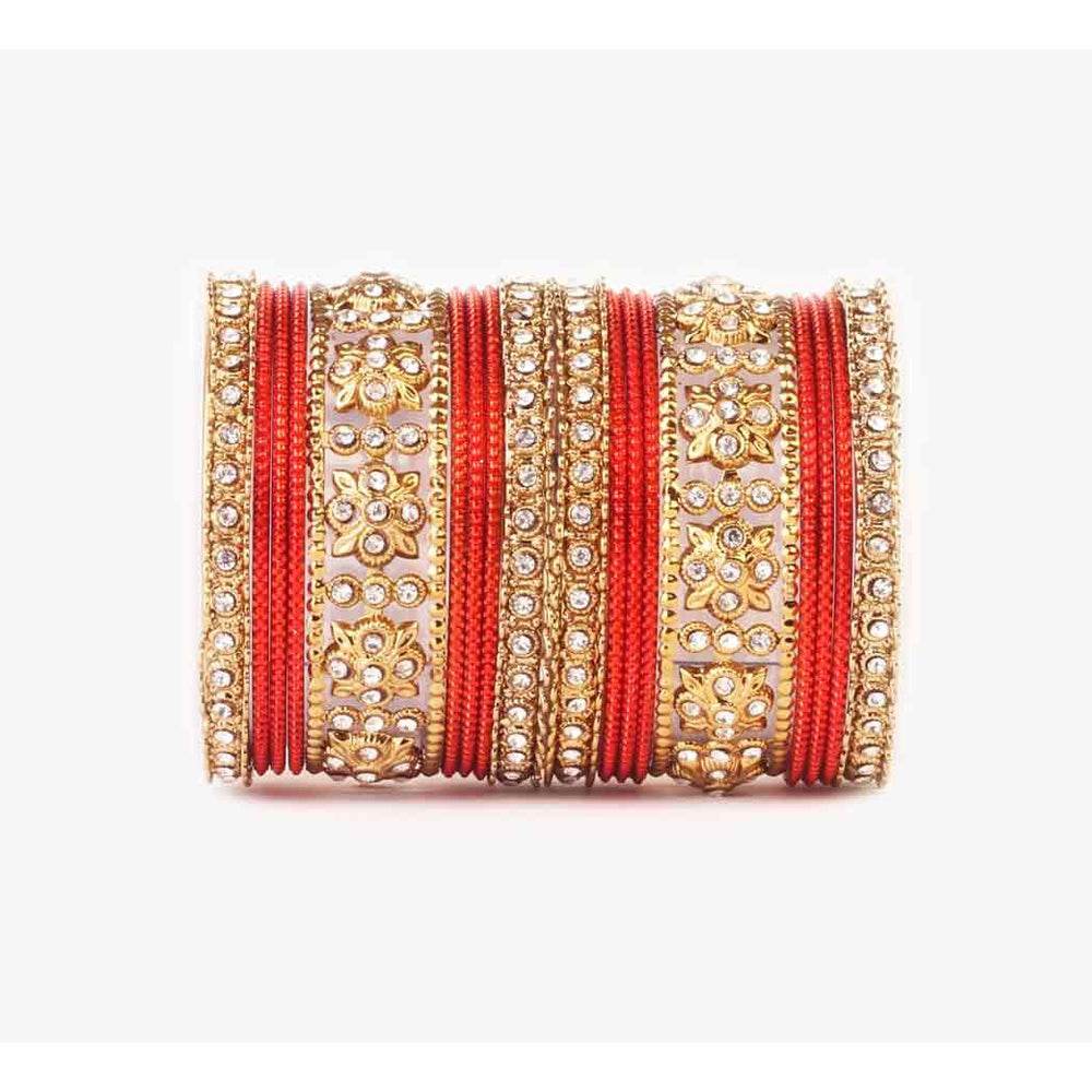 Traditional Colored Flower Pattern Bangle Set Red All Bangle Sets T4 Jewels