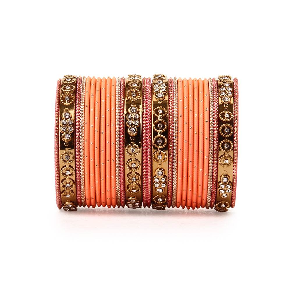 Traditional Bangle Set With Golden Dotted Bangles BY T4 Jewels Peach All Bangle Sets T4 Jewels