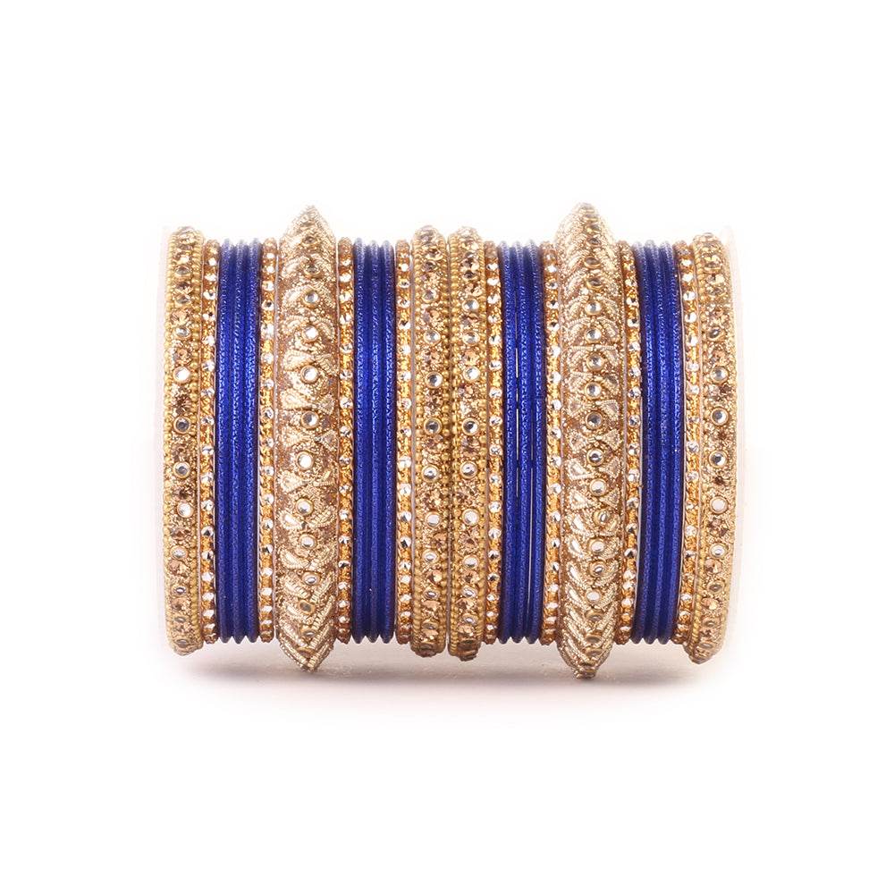 Traditional Colored Kundan Work Bangle Set For Two Hands Blue All Bangle Sets T4 Jewels