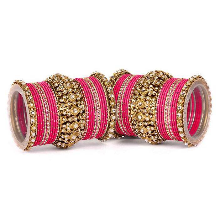 Set of 2 Beautiful Golden Dotted Colored Bangle Set Fuchsia All Bangle Sets T4 Jewels