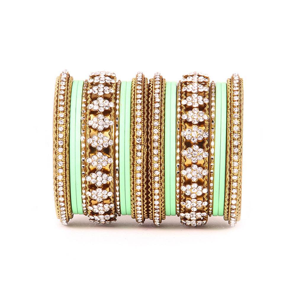 Stylish Matte Finish And Running Stone Pattern Bangle Set Pista All Bangle Sets T4 Jewels