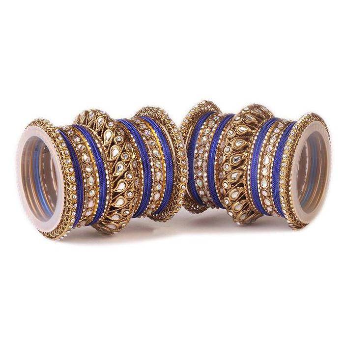 Set of 2 Kundan Bangle Set With Chakri Kada Blue All Bangle Sets T4 Jewels