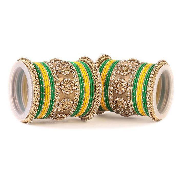 Set of 2 Traditional Jaali Work Multi-Colored Bangle Set Yellow-Green All Bangle Sets T4 Jewels