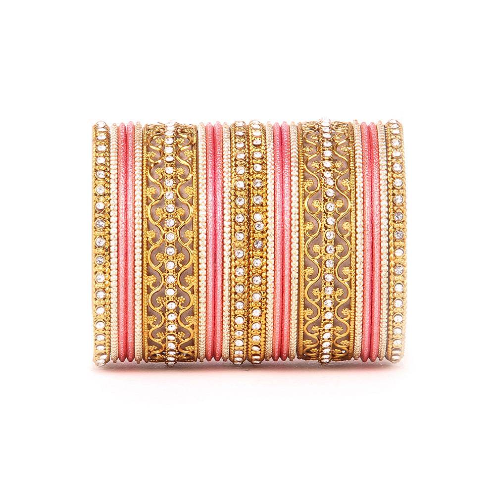 Intricate Bracelet With Running Stone Work And Shinning Bangle Set Peach All Bangle Sets T4 Jewels