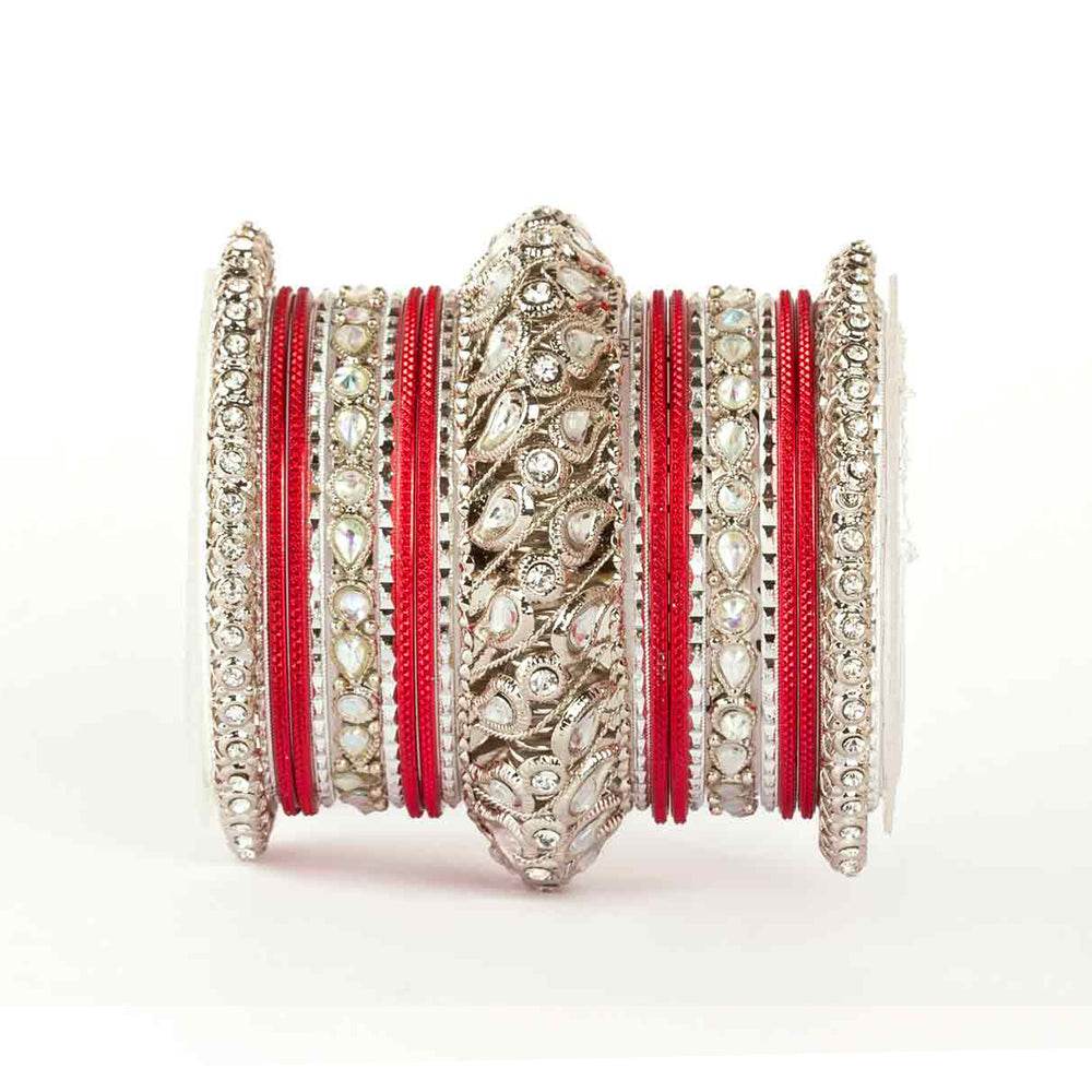 Traditional All Kundan Bangle Set For One Hand Red-Silver All Bangle Sets T4 Jewels