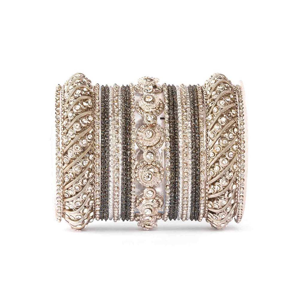 Traditional Colored Textured Bangle Set For Single Hand Silver-Black All Bangle Sets T4 Jewels