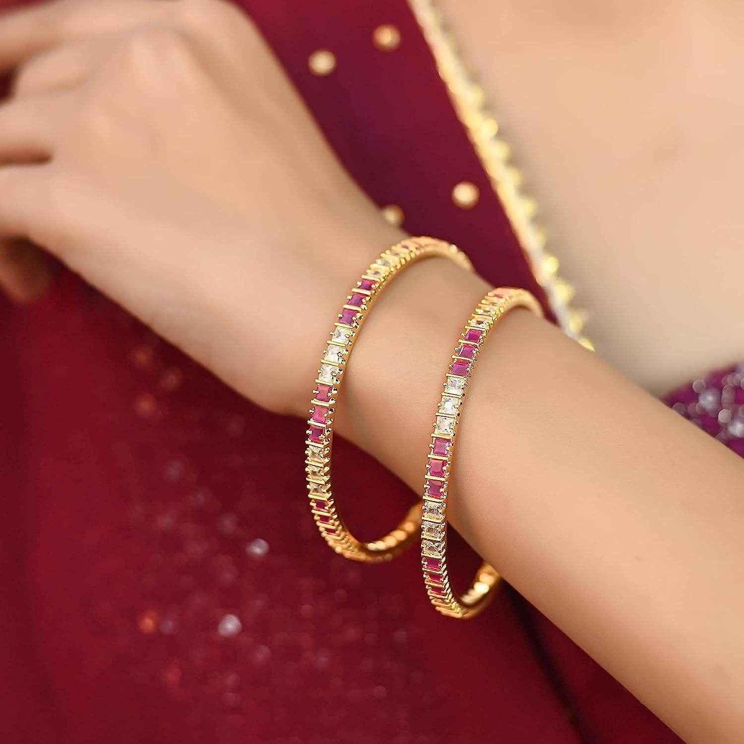 Beautiful Magenta Silver Colour American Diamond Bangles For Women & Girls (Set of 4) AD Bangles T4 Jewels
