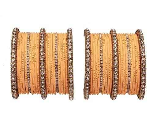 T4 Jewels 18k Gold Plated Zircon Stones Studded Designer Fashion Jewellery Metal Bangles Set - 99NO Peach All Bangle Sets T4 Jewels