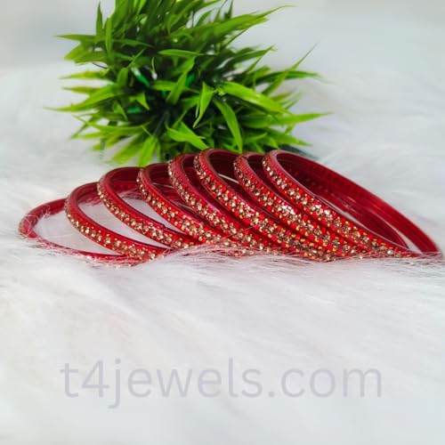 T4 Jewels Stones & Beads Work Cubic Zirconia Glossy Finished Glass Bangles Set For Women & Girls (Set of 8) T4 Jewels
