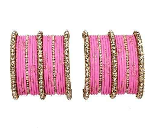 T4 Jewels 18k Gold Plated Zircon Stones Studded Designer Fashion Jewellery Metal Bangles Set - 99NO Pink All Bangle Sets T4 Jewels