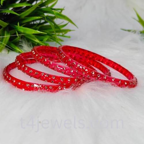 T4 Jewels Glossy Bangles Full Of Stones Studded Classy Textured Beautiful Glass Bangles Set For Women & Girls (Set of 4) T4 Jewels