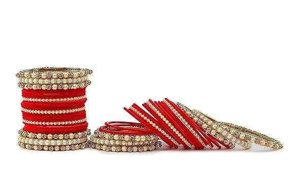 T4 Jewels Brass Metal Beads Stones & Gemstones Studded Moti & Pearl Glossy Finished Bangles Set - 114NO All Bangle Sets T4 Jewels