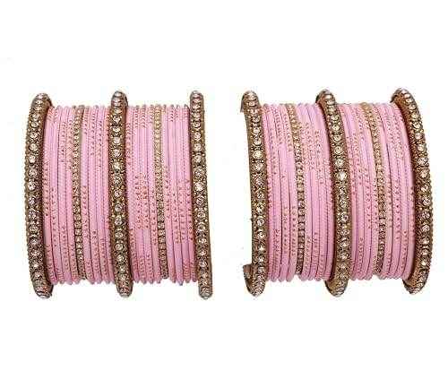 T4 Jewels 18k Gold Plated Zircon Stones Studded Designer Fashion Jewellery Metal Bangles Set - 99NO Light Pink All Bangle Sets T4 Jewels